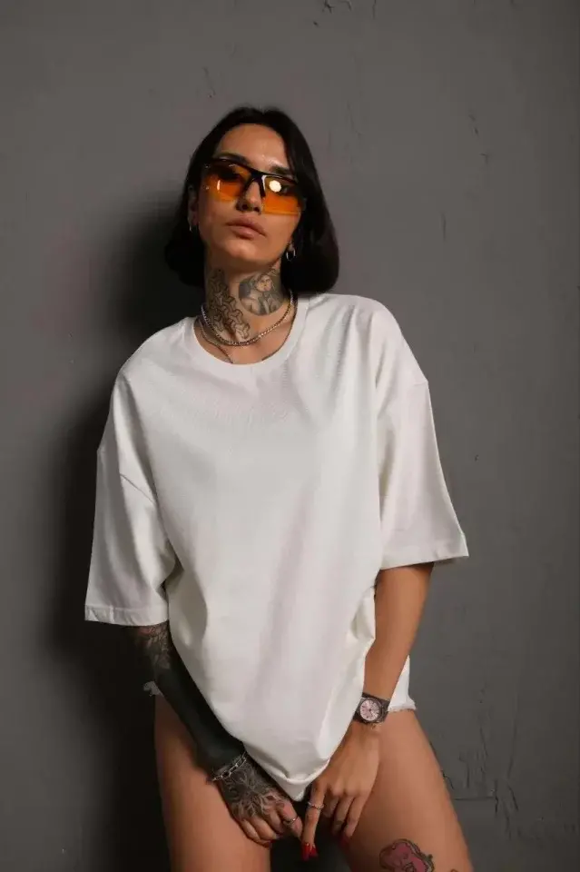 24/1 Düz A Kalite Oversize T-shirt - Beyaz - 1