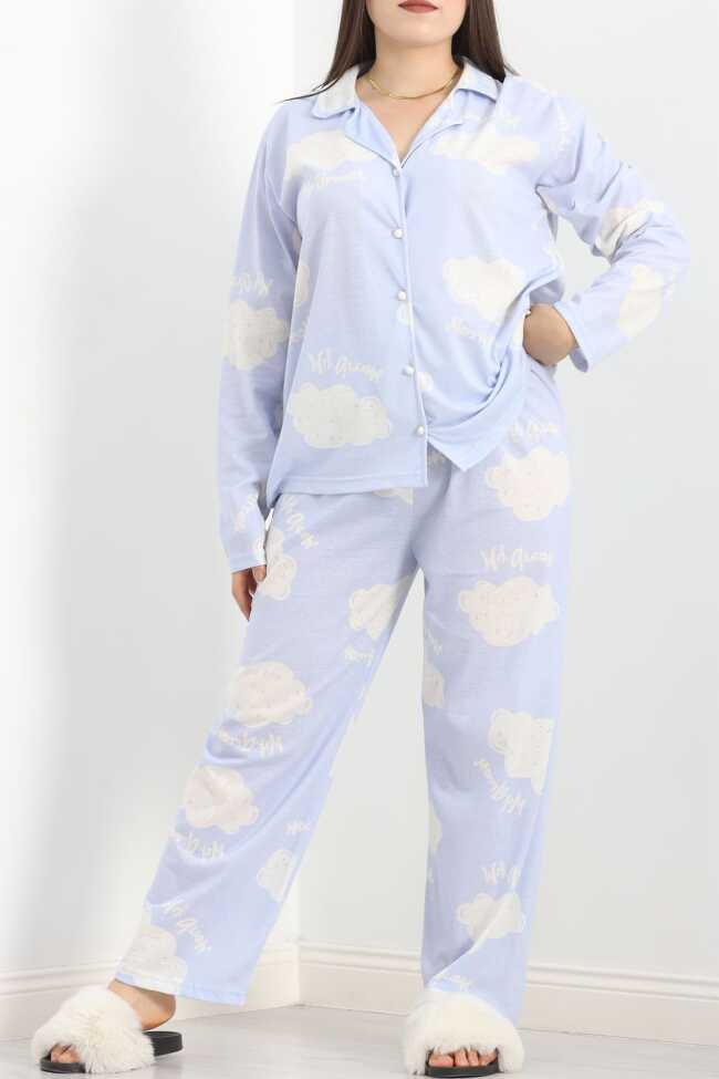 Baskılı Battal Pijama Takımı Açıkmavi - 1