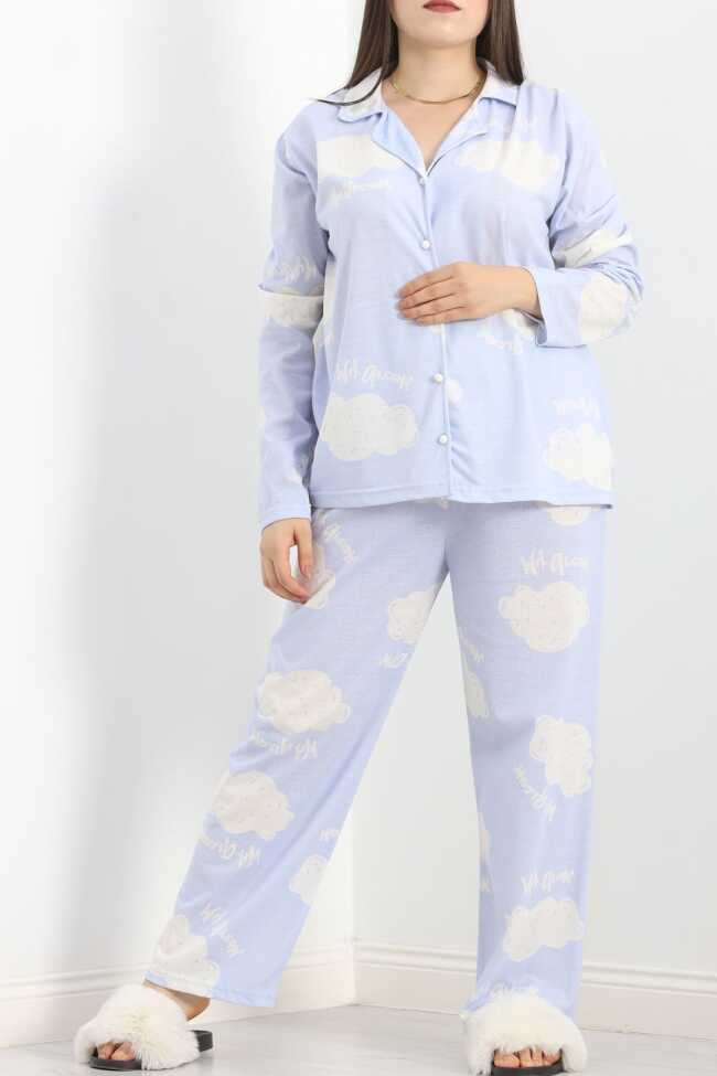 Baskılı Battal Pijama Takımı Açıkmavi - 6