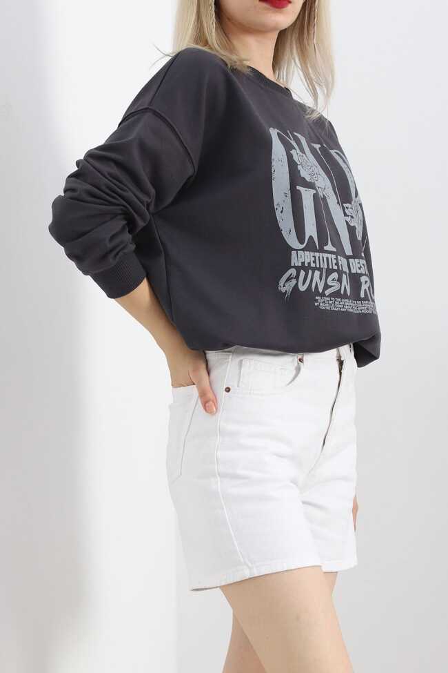 Baskılı İki İplik Oversize Sweat Füme - 6