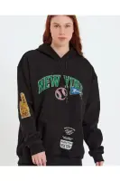 Baskılı Kapüşonlu Sweatshirt - Siyah - 1