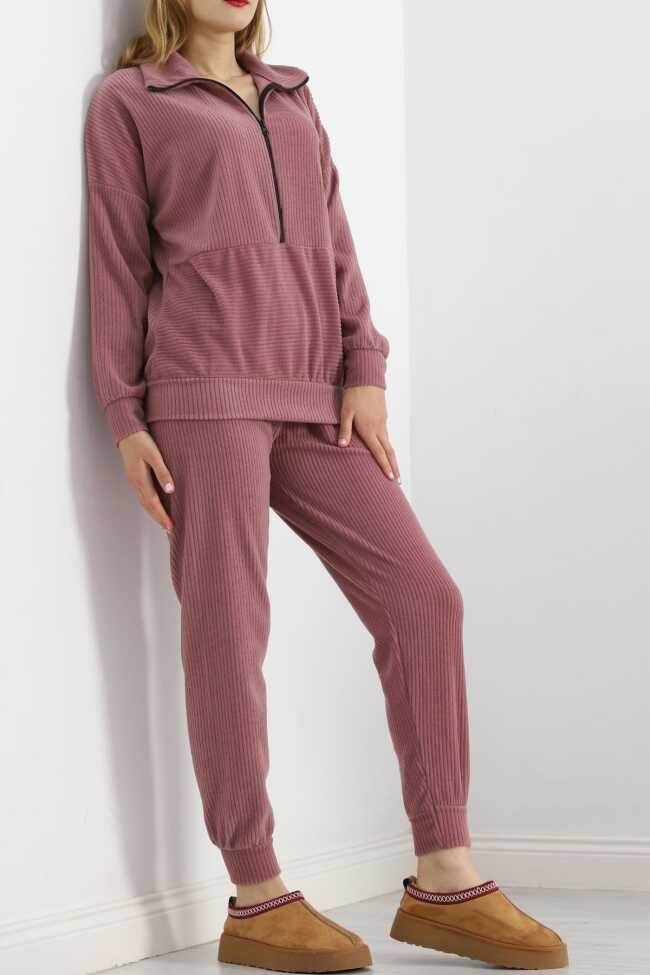 Baskılı Polar Pijama Takım Gülkurusu - 3