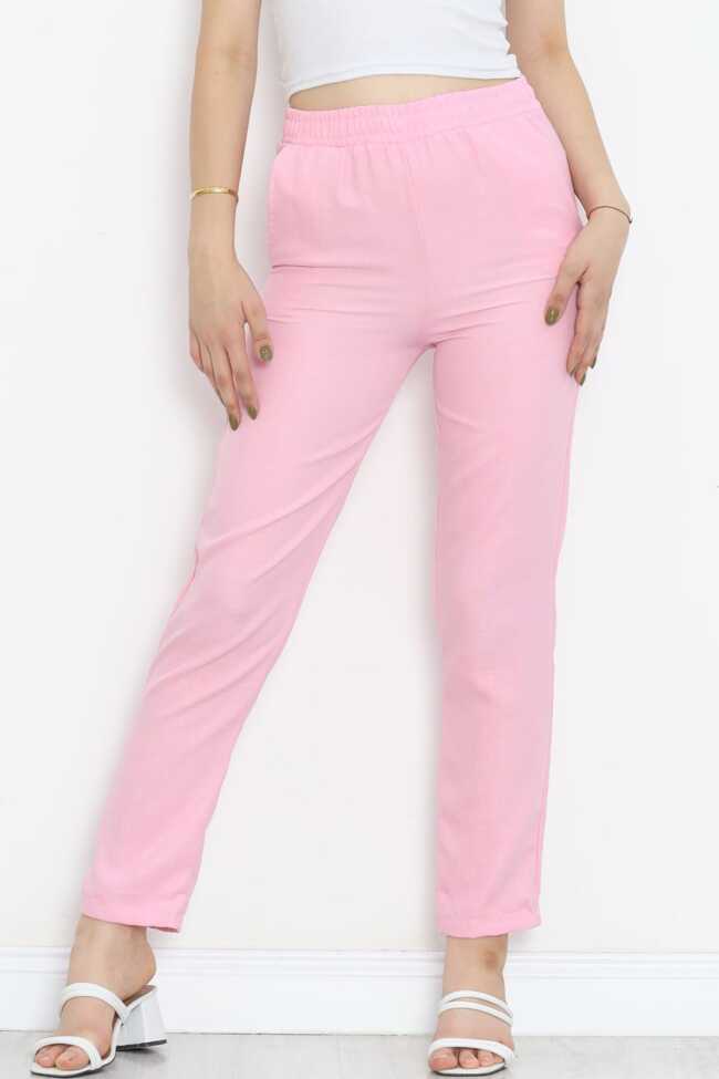 Beli Lastikli Keten Pantolon Pembe - 1