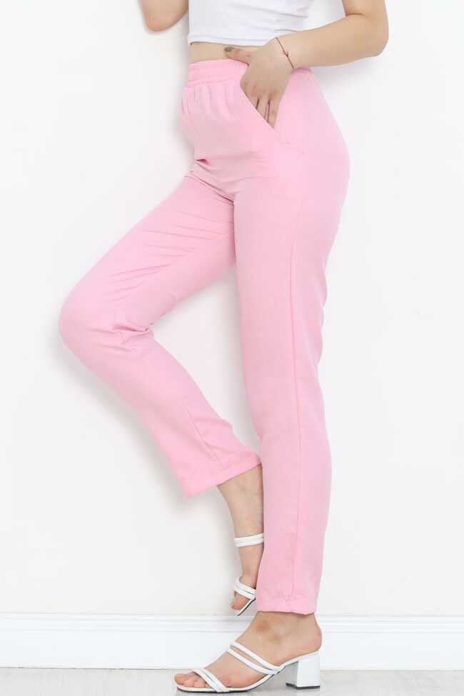 Beli Lastikli Keten Pantolon Pembe - 3