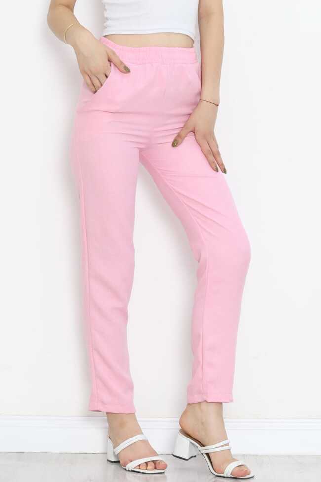 Beli Lastikli Keten Pantolon Pembe - 6