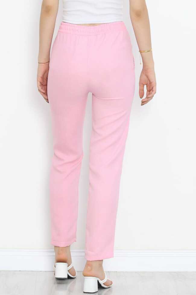 Beli Lastikli Keten Pantolon Pembe - 8