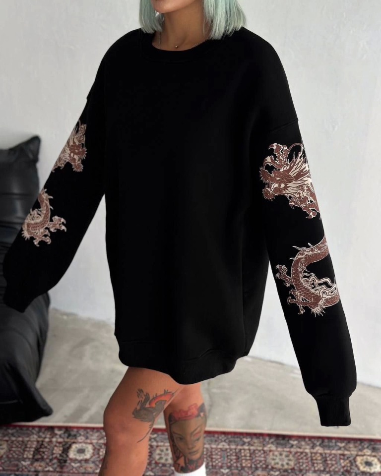 Bisiklet Yaka Baskılı SweatShirt - Siyah - 4