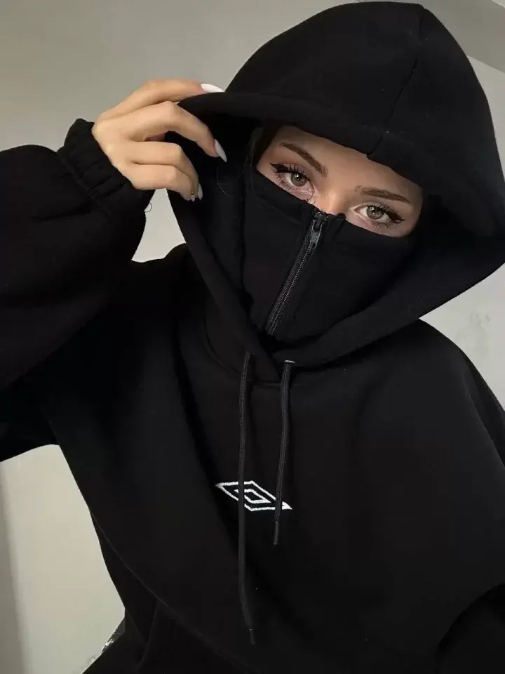 Çift Kapüşonlu Maskeli Fermuarlı Sweatshirt - Siyah - 1