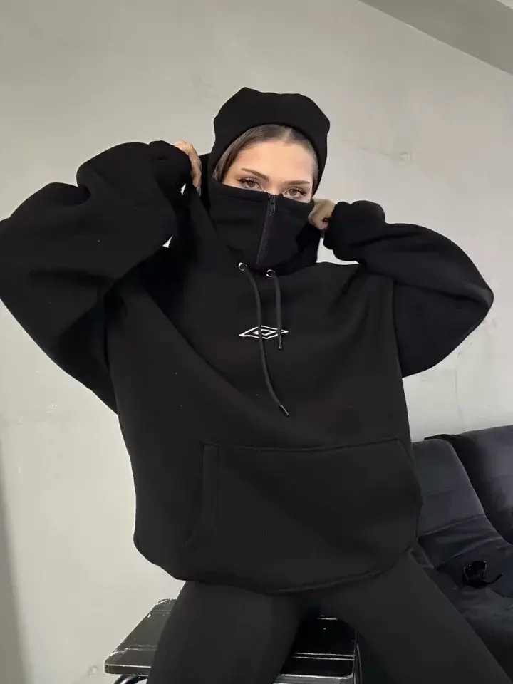 Çift Kapüşonlu Maskeli Fermuarlı Sweatshirt - Siyah - 3