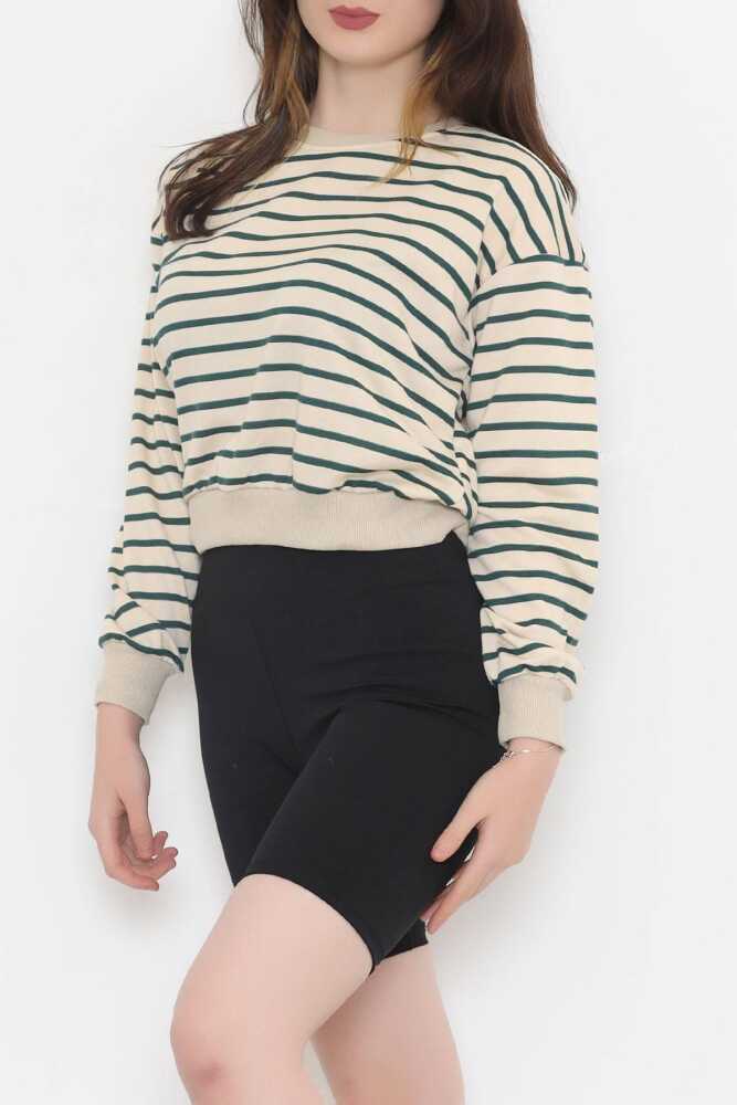 Çizgili Crop Sweat Bejzümrüt - 2