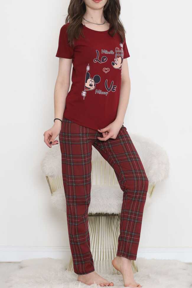 Desenli Pijama Takımı Bordo - 7