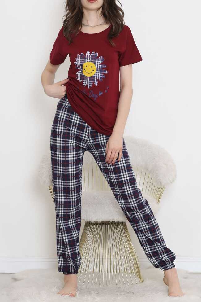 Desenli Pijama Takımı Bordo1 - 4