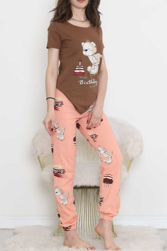 Desenli Pijama Takımı Kahve - 7