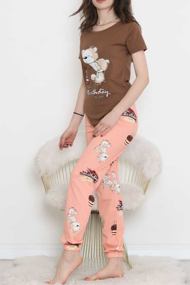 Desenli Pijama Takımı Kahve - 8