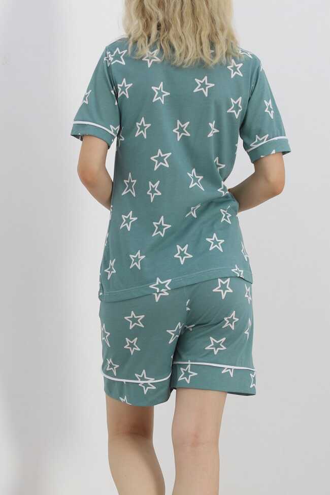 Düğmeli Şortlu Pijama Takımı Mint1 - 7