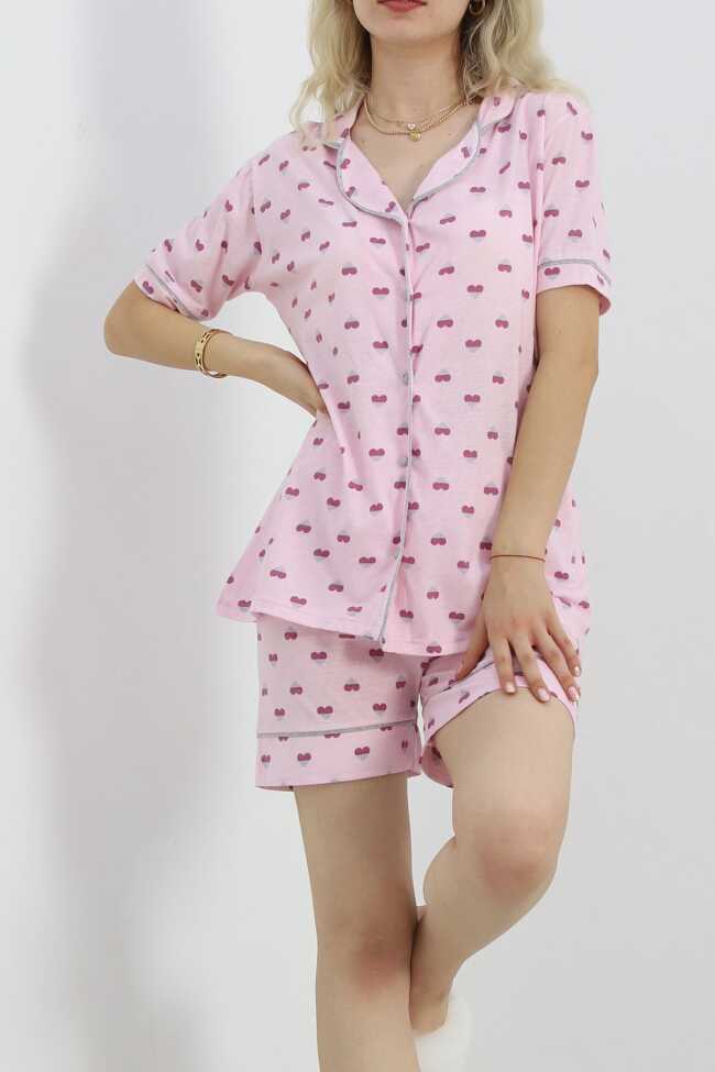 Düğmeli Şortlu Pijama Takımı Pembe - 3