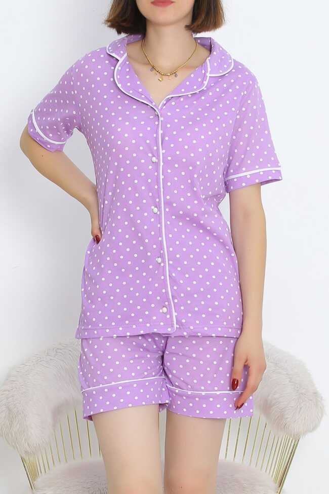 Düğmeli Şortlu Pijama Takımı Puanlılila - 1