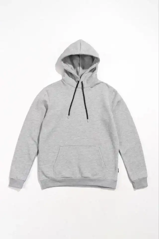 Erkek Uzun Kol Kapşonlu Basic Sweatshirt Hoodie - Gri - 1