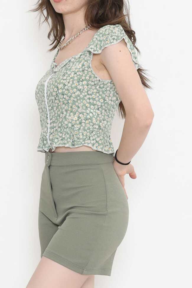 Fermuarlı Crop Bluz Mintçiçekli - 4