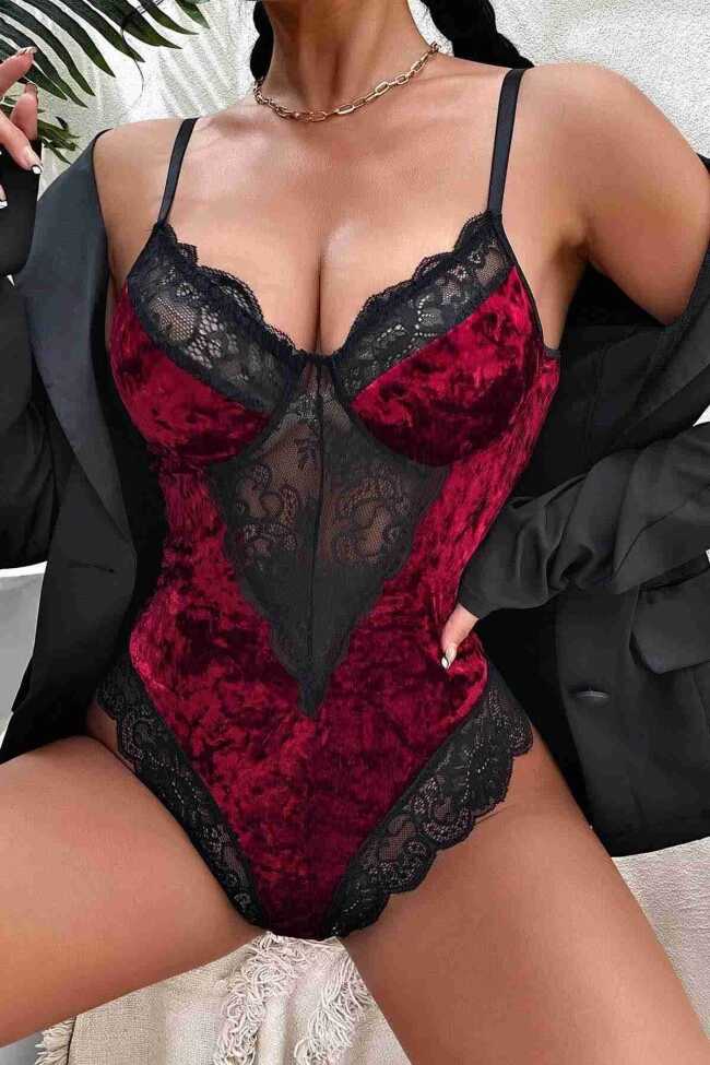 Kadife Bodysuit Gecelik Bordo - 1