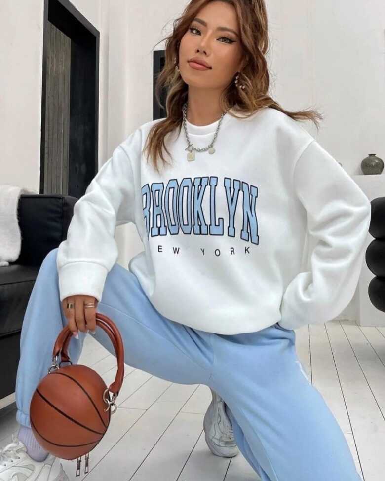 Kadın Bisiklet Yaka Brooklyn Baskılı üç Iplik Kumaş Sweat - 2