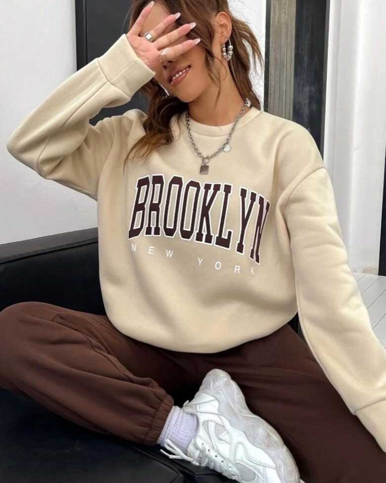 Kadın Bisiklet Yaka Brooklyn Baskılı üç Iplik Kumaş Sweat - 2