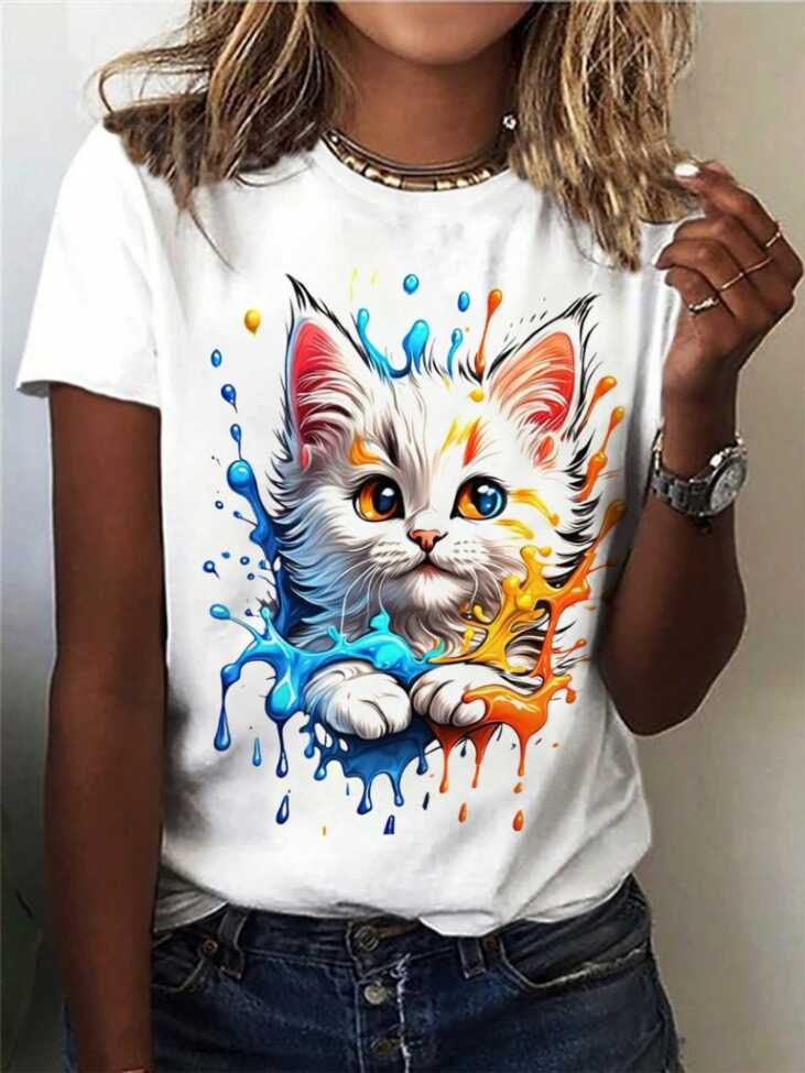 Kadın Kedi Baskılı Bisiklet Yaka Süprem T-shirt - 1