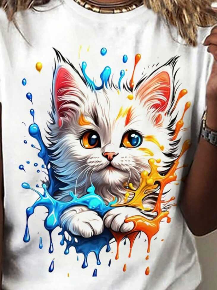 Kadın Kedi Baskılı Bisiklet Yaka Süprem T-shirt - 2