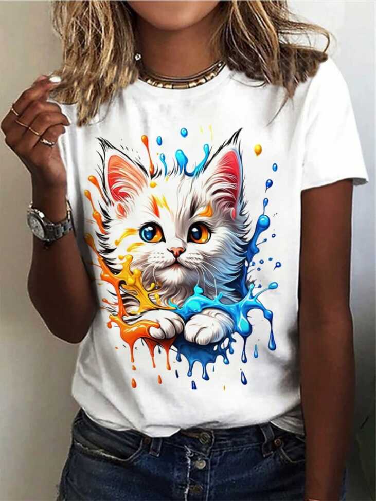 Kadın Kedi Baskılı Bisiklet Yaka Süprem T-shirt - 3