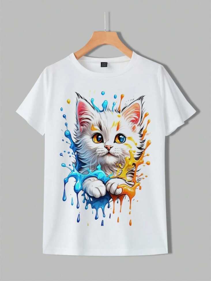 Kadın Kedi Baskılı Bisiklet Yaka Süprem T-shirt - 4