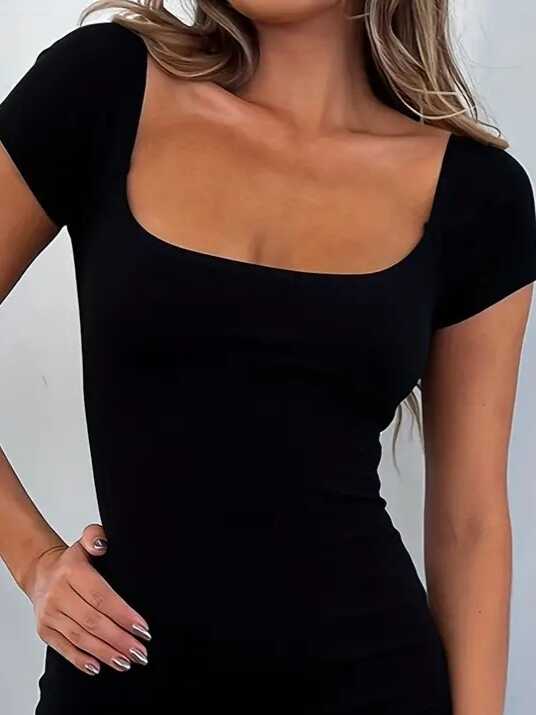 Kadın Kısa Kollu Kare Yaka Mini Bodycon Dalgıç Tulum - 2