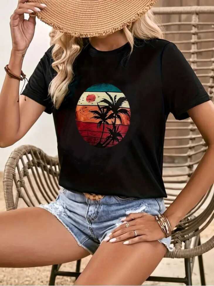 Kadın Kısa Kollu Palmiye Baskılı Viskon T-shirt - 1