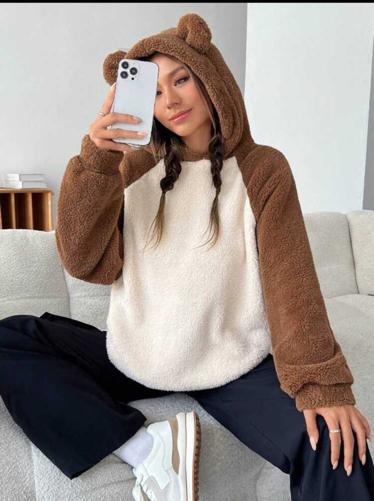 Kadın Kulak Detaylı Çift Renk Peluş Sweat - 2