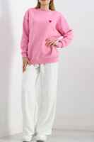 Kalp Nakışlı Şardonlu Oversize Sweat Pembe - 2