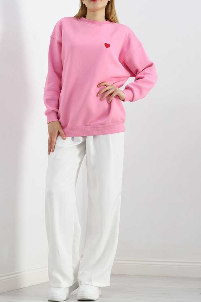 Kalp Nakışlı Şardonlu Oversize Sweat Pembe - 2