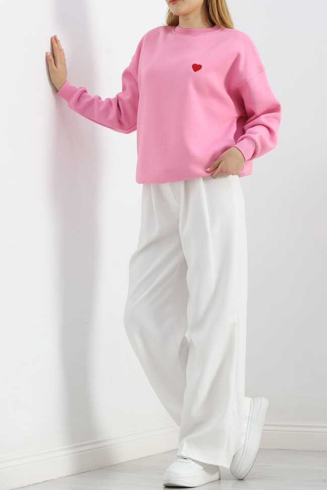 Kalp Nakışlı Şardonlu Oversize Sweat Pembe - 4