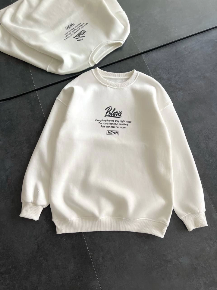 Kışlık Bisiklet Yaka Ön Ve Arka Baskılı SweatShirt - Beyaz - 1