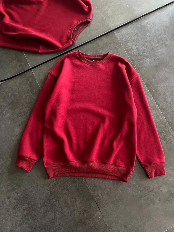 Kışlık Bisiklet Yaka Üç İplik Basic SweatShirt - Bordo - 1