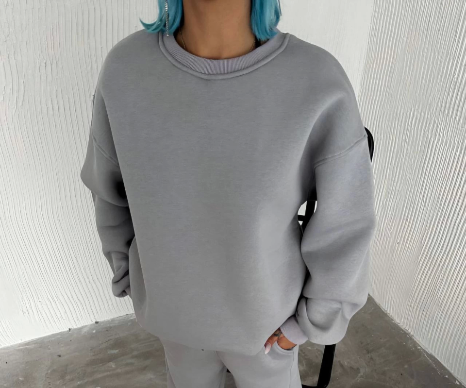 Kışlık Bisiklet Yaka Üç İplik Basic SweatShirt - Gri - 2