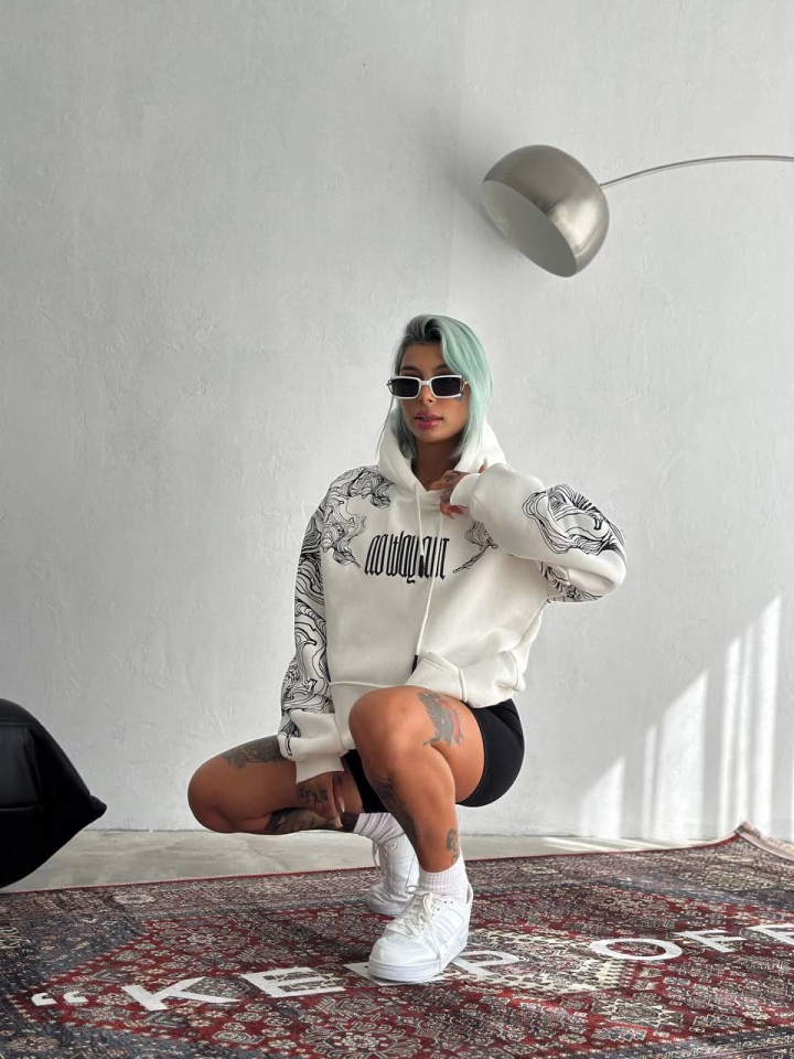 Kışlık Üç İplik Baskılı Kapşonlu SweatShirt - Beyaz - 1