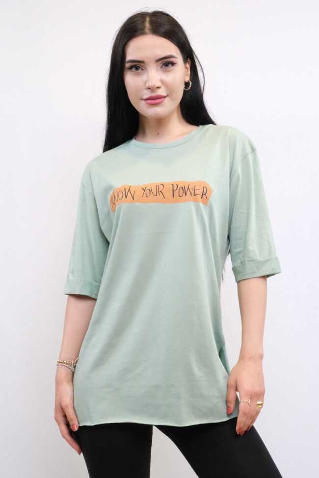 Moda Çizgi Bisiklet Yaka Oversize Tshirt Mint - 1