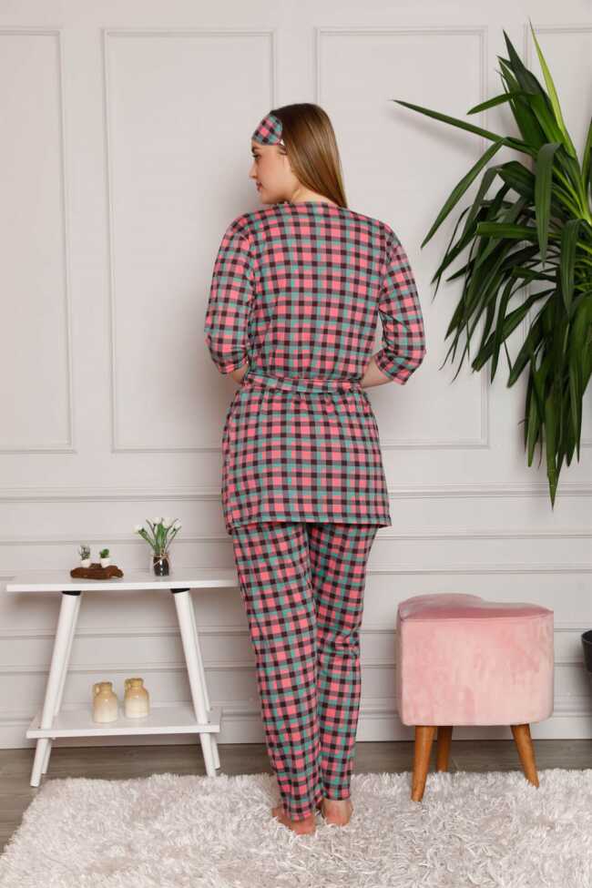 Moda Çizgi Kadın %100 Pamuk 3'lü Sabahlık Pijama Takım 1117 - 4