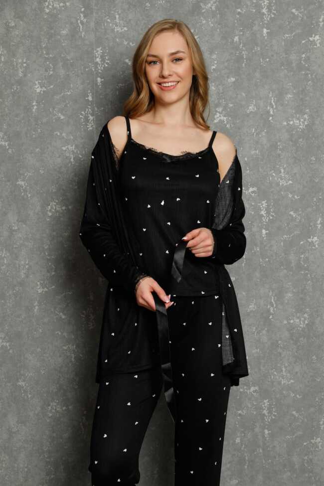 Moda Çizgi Kadın %100 Pamuk 3'lü Sabahlık Pijama Takım 16103 - 1