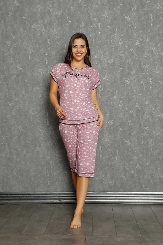 Moda Çizgi Kadın %100 Pamuk Penye Kısa Kol Kapri Pijama Takım 20558 - 1