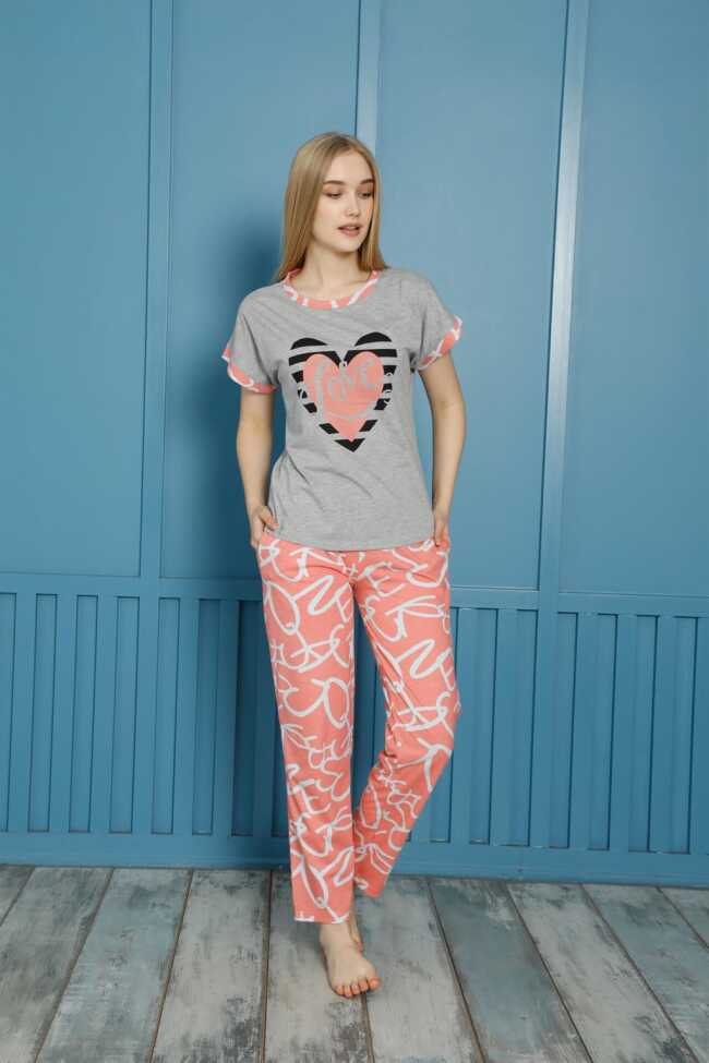 moda çizgi Kadın %100 Pamuk Penye Kısa Kol Pijama Takım 3454 - 2