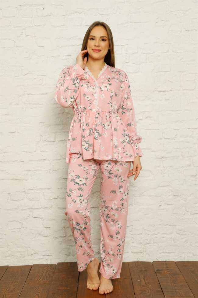 Moda Çizgi Kadın %100 Pamuk Penye Pileli Pijama Takım 17101 - 1