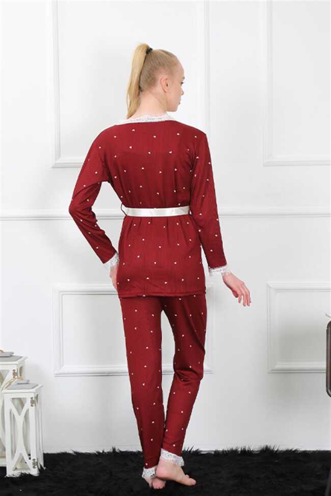 Moda Çizgi Kadın 3'lü Bordo Sabahlık Pijama Takım 16103 - 1