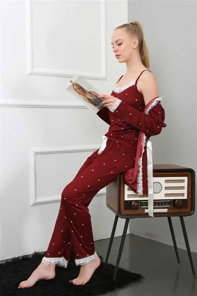 Moda Çizgi Kadın 3'lü Bordo Sabahlık Pijama Takım 16103 - 4