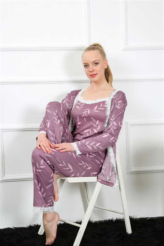 Moda Çizgi Kadın 3'lü Lila Sabahlık Pijama Takım 16103 - 1