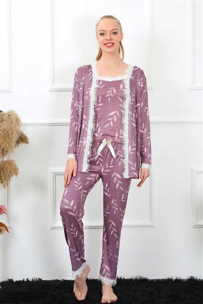 Moda Çizgi Kadın 3'lü Lila Sabahlık Pijama Takım 16103 - 3